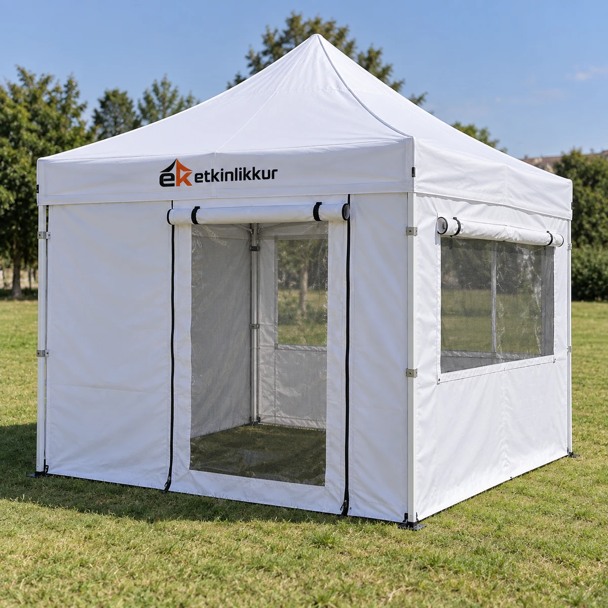 2×2 Gazebo 30’luk Gövde 2 Tam 1 Şeffaf+Perde+Sineklik Kapılı 1 Şeffaf+Perdeli+Sineklikli Pencereli Duvar Model