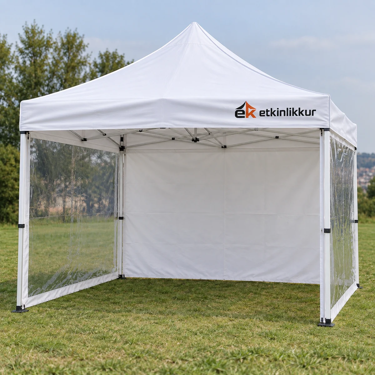 3×3 Gazebo 30’luk Çelik Gövdeli 1 Adet Tam Duvar 2 Adet Şeffaf Camlı Duvar Model