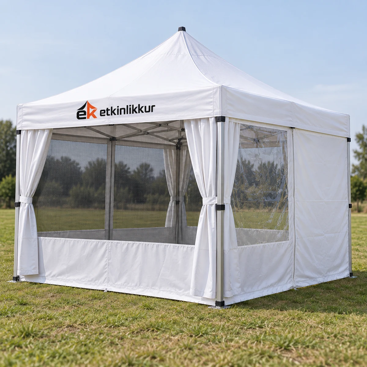 3×3 Gazebo 40’lık Alüminyum Gövdeli 2 Adet Sineklik+Şeffaf+Perdeli 1 Adet Tam Duvar Model