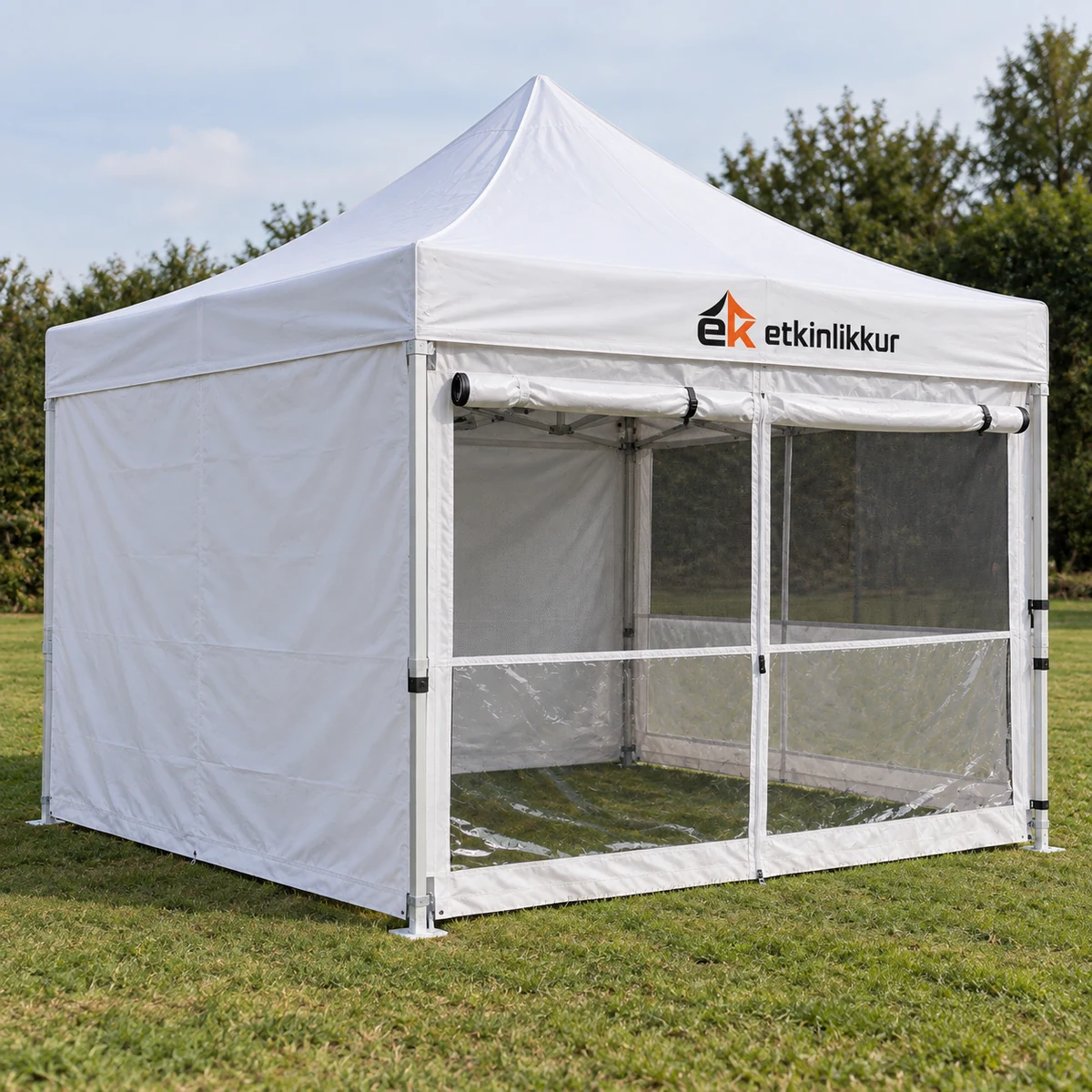 3×3 Gazebo 40’lık Çelik Gövde 1 Adet Tam 2 Adet Sineklik+Şeffaf+Perdeli Duvar Model