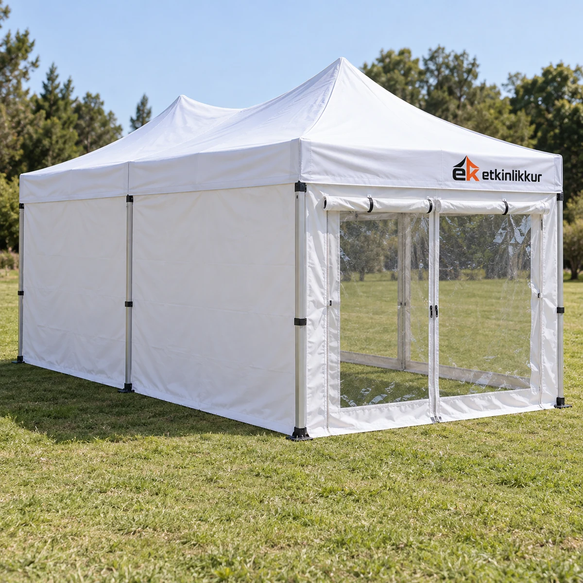 3×4.5 Gazebo 40’lık Alüminyum Gövde 3 Adet Tam 1 Adet Şeffaf+Perdeli Kapılı Camlı Duvarlı Model