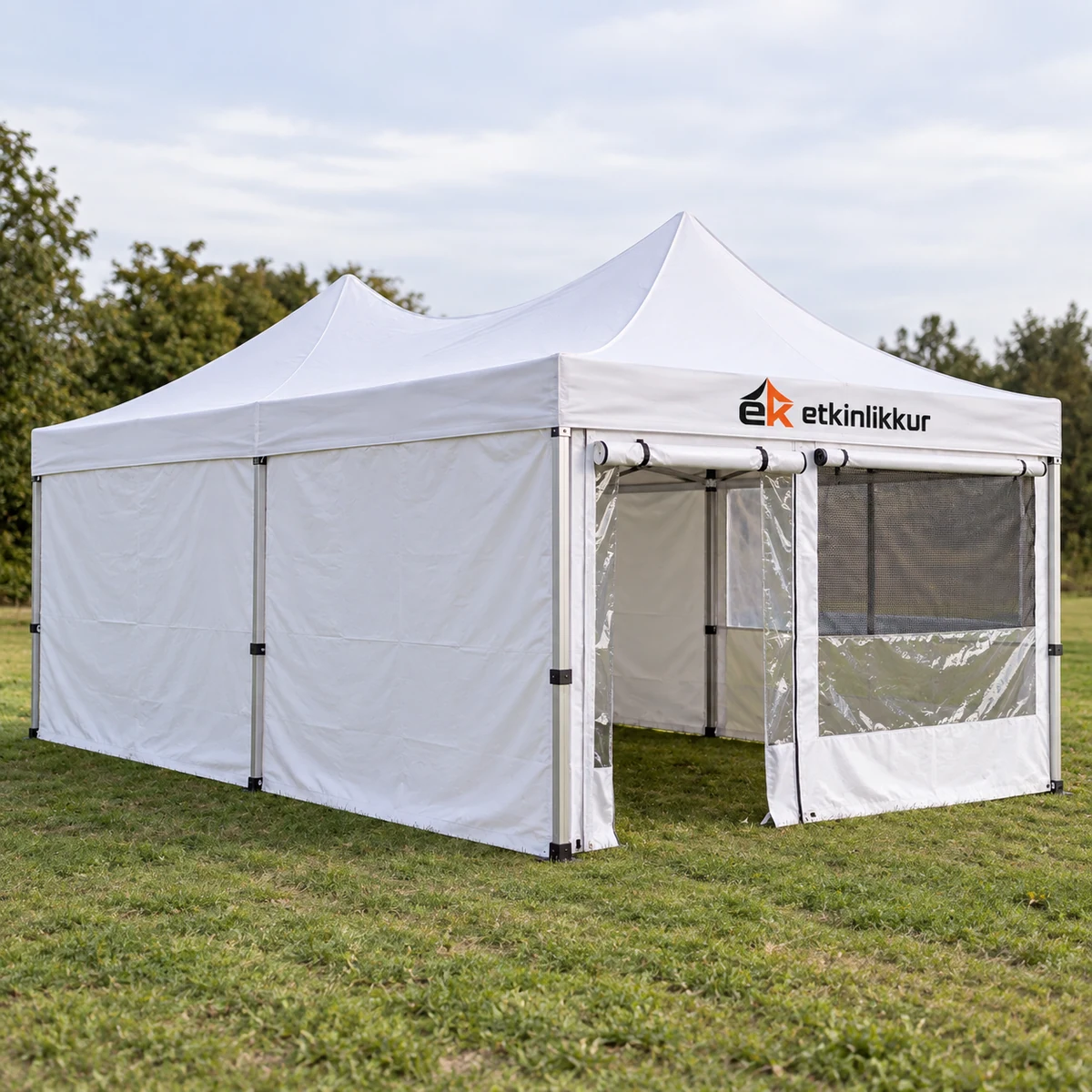 3×45 Gazebo 40’lık Alüminyum Gövde 3 Adet Tam 1 Adet Sineklik+Şeffaf+Perdeli Kapılı Camlı Duvarlı Model