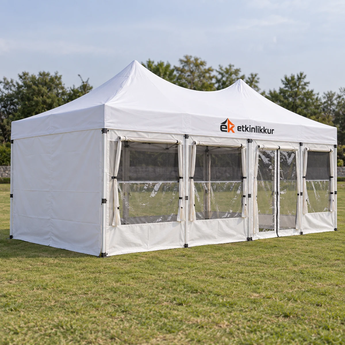 3×45 Gazebo 40’lık Çelik Gövde 1 Adet Tam 2 Adet Sineklik+Şeffaf+Perdeli 1 Adet Sineklik+Şeffaf+Perdeli Kapılı Camlı Duvarlı Model
