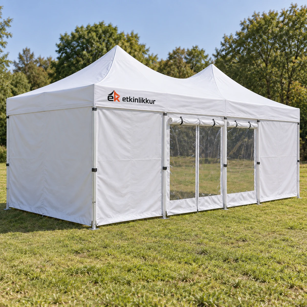 3×45 Gazebo 40’lık Çelik Gövde 3 Adet Tam 1 Adet Şeffaf+Perdeli Kapılı Camlı Duvarlı Model
