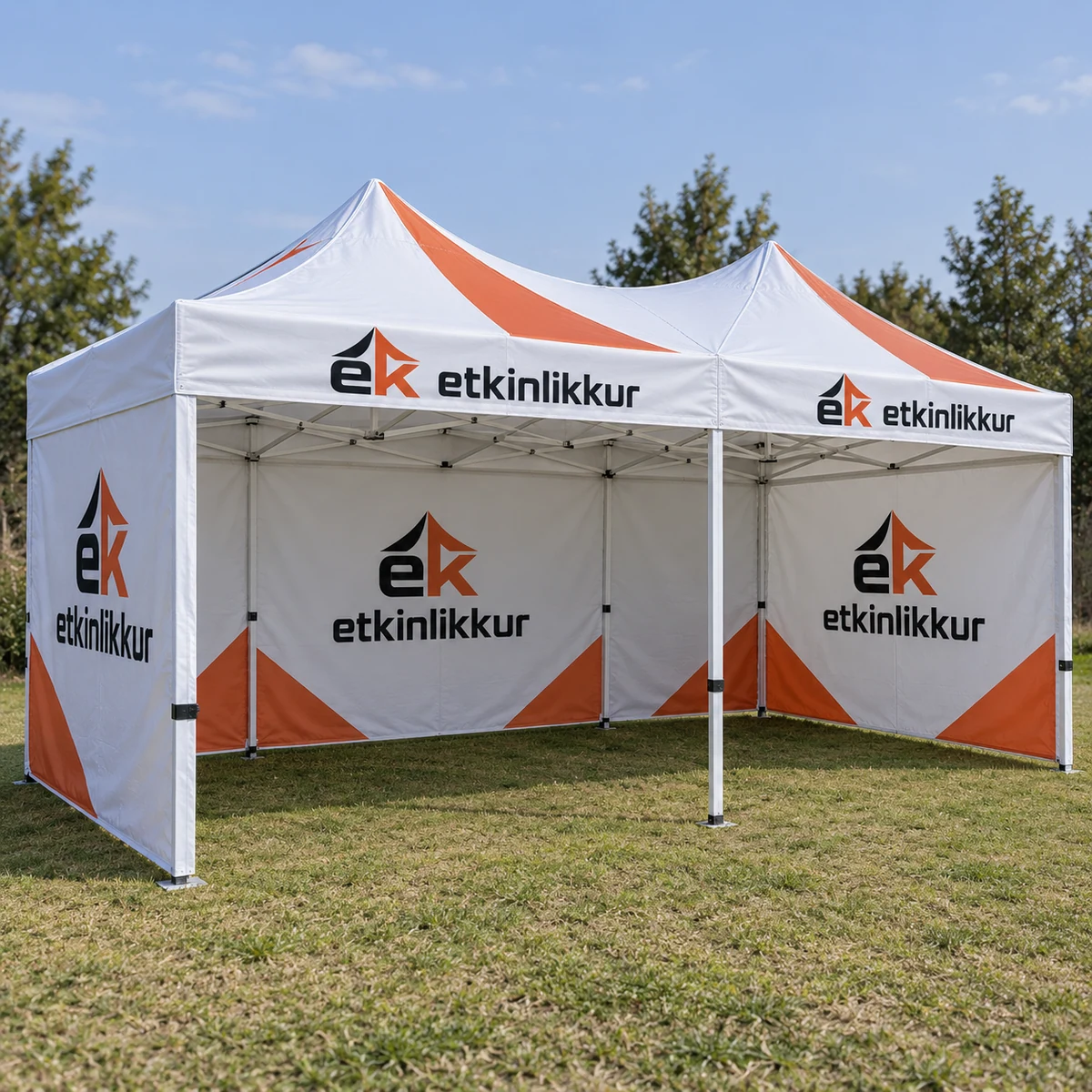 3×45 Gazebo Baskılı Tavan 40’lık Çelik İskelet 3 adet Baskılı Tam Duvarlı Model