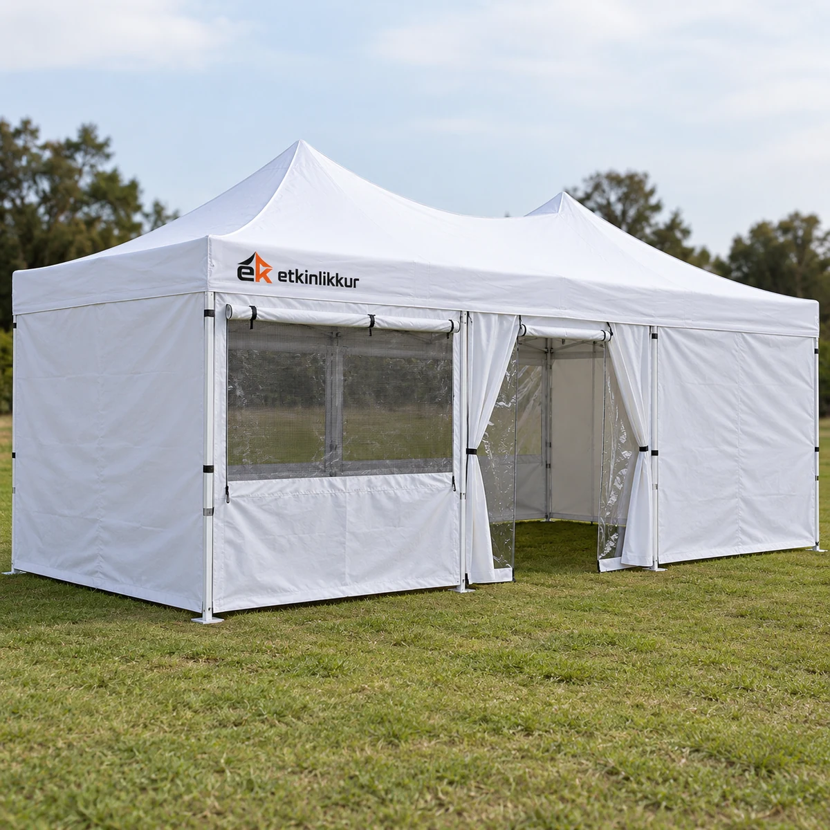 3×6 Gazebo 40’lık Çelik Gövde 3 Adet Tam 1 Adet Sineklik+Şeffaf+Perdeli Kapılı Camlı Duvarlı Model